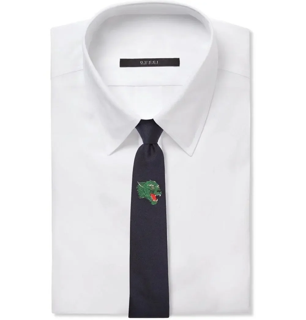 NWT Gucci Panther Appliquéd Silk & Wool Blend Navy Blue Underknot Tie $250.00